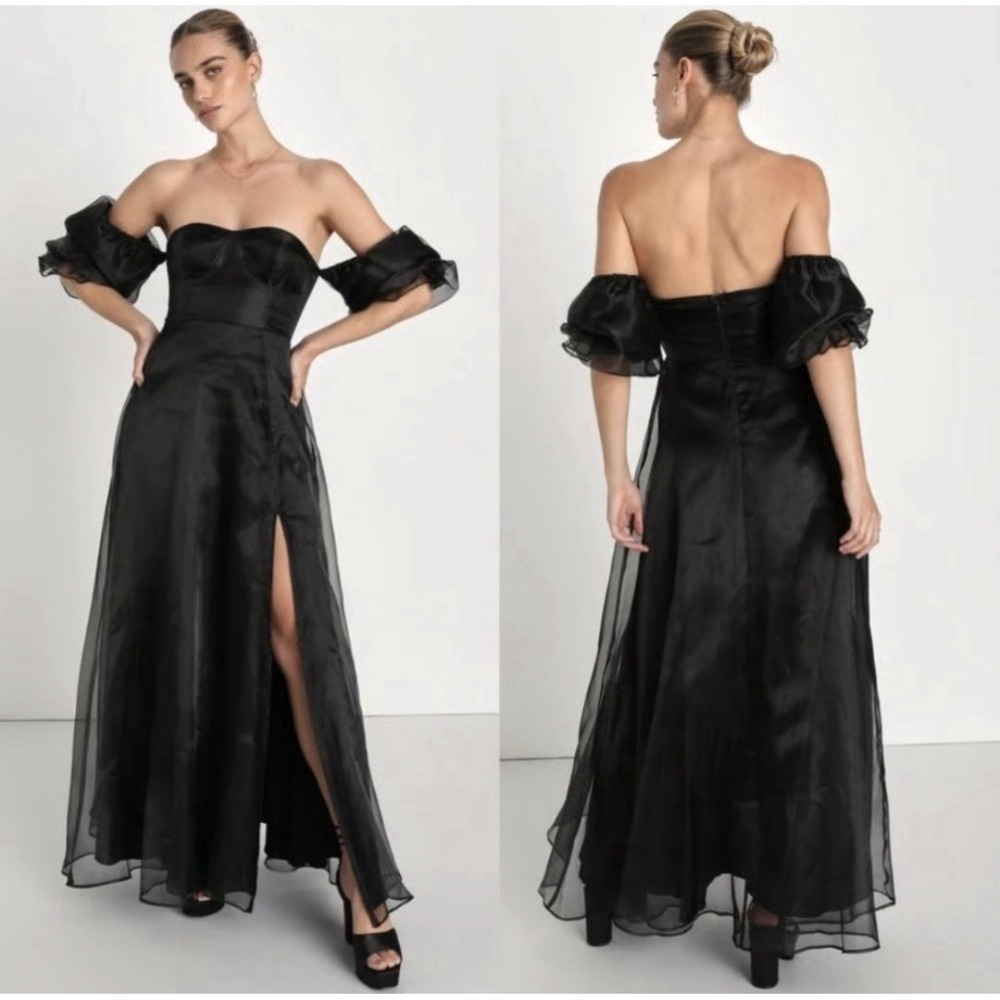 Lulus‎ True Excellence Black Bustier Off-The-Shoulder  Gown XS Hi Slit HOCO Prom